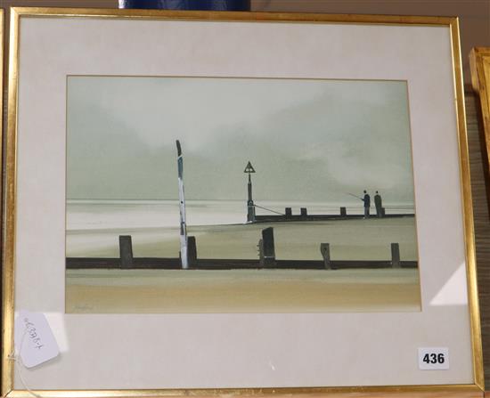 John Bond (1945-) watercolour, Fishermen and breakwaters, signed, 25 x 36cm